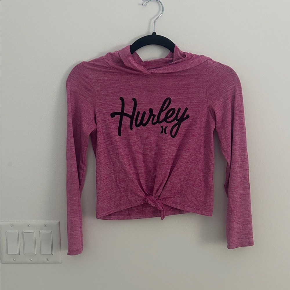 Hurley Girls Size 8 Pink Lightweight Hooded Long Sleeve Tie Front Shirt
